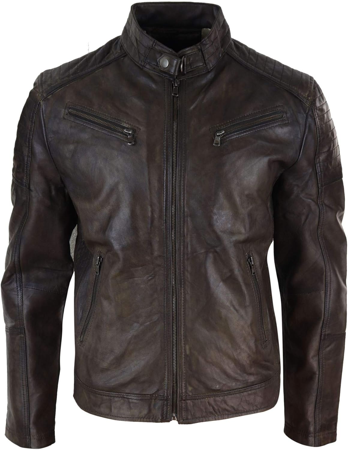 Infinity Mens Real Leather Biker Racing Jacket Brown Vintage Washed Zipped Smart Casual: Amazon 