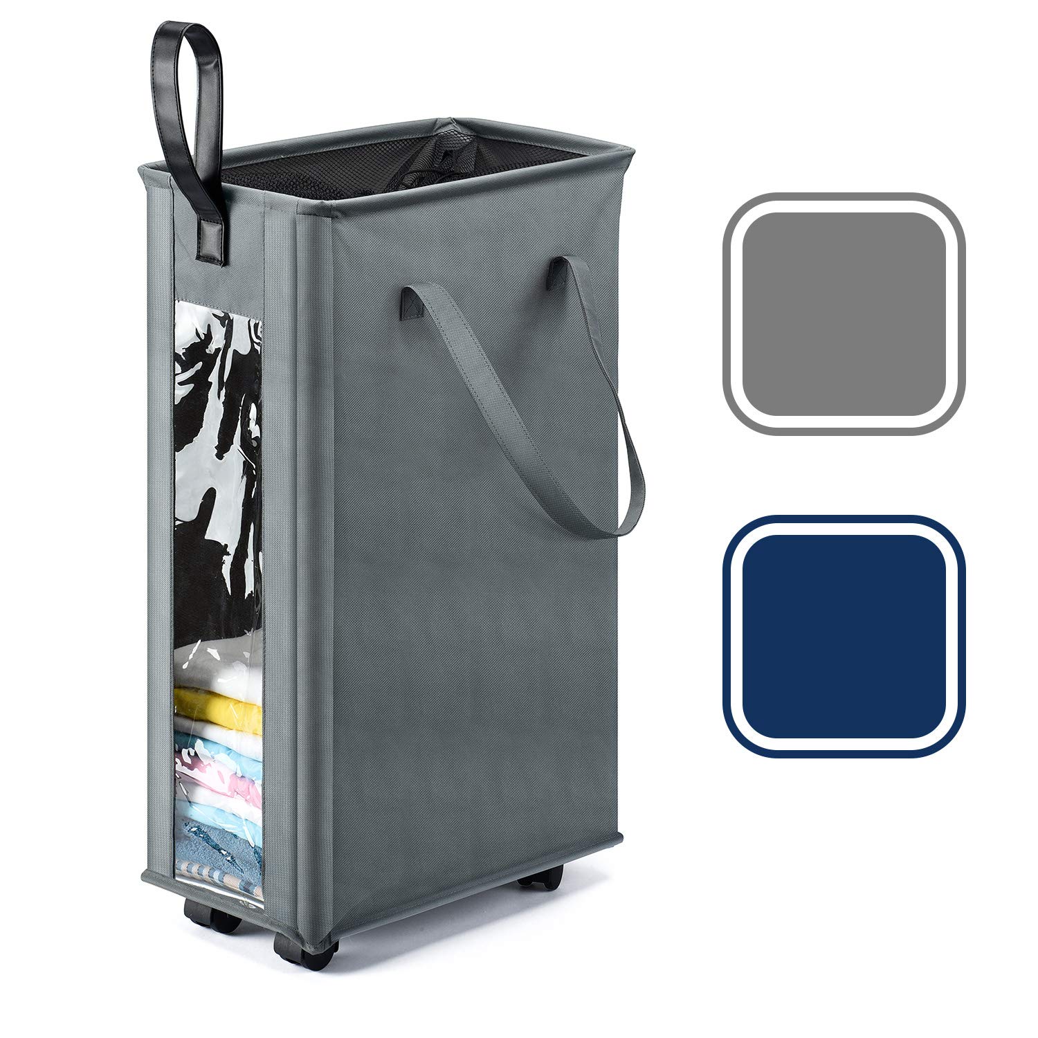 HOUSE DAY Grey 62L Slim Tall Laundry Basket with 360 Degree Swivel Wheels and Durable Handle, Waterproof Rolling Laundry Basket Hamper with Breathable Mesh Cover and Clear