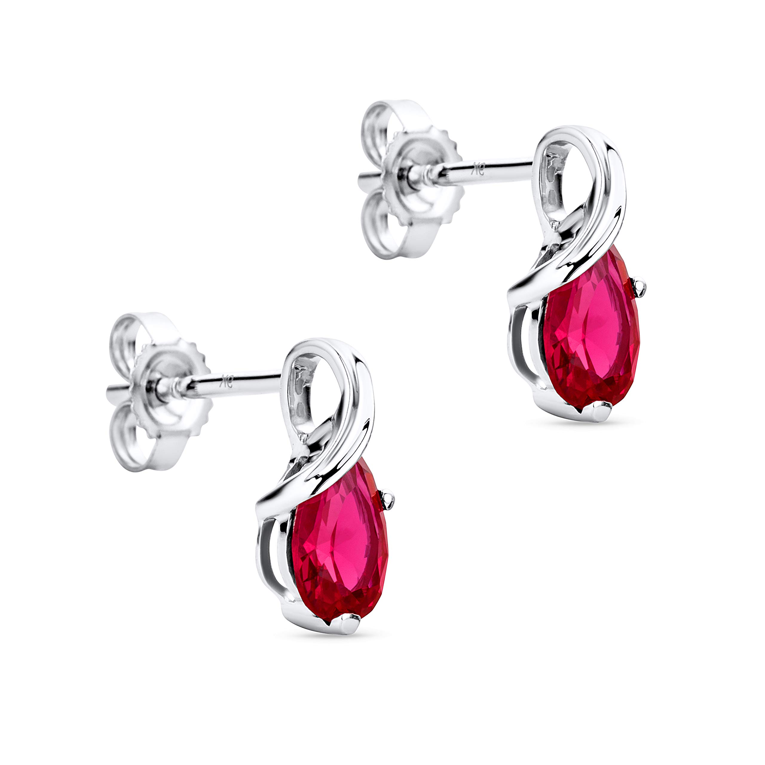 Orovi Pear-Shaped White Gold Earrings for Women with Rubies in 9 Carat Gold, Hypoallergenic Earrings - Handmade, including jewellery box