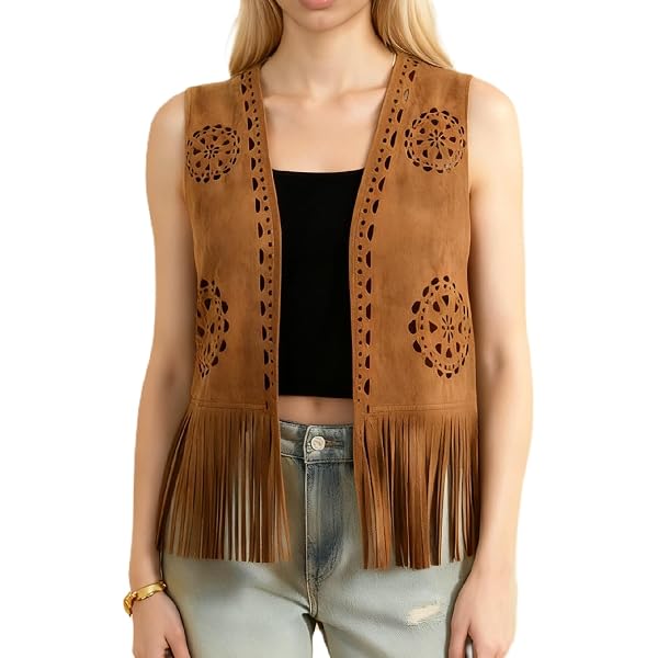 LUTER Fransenweste Für Damen – Kurz, ärmellos, Aus Weichem Wildleder-Look Mit Quasten, Braun