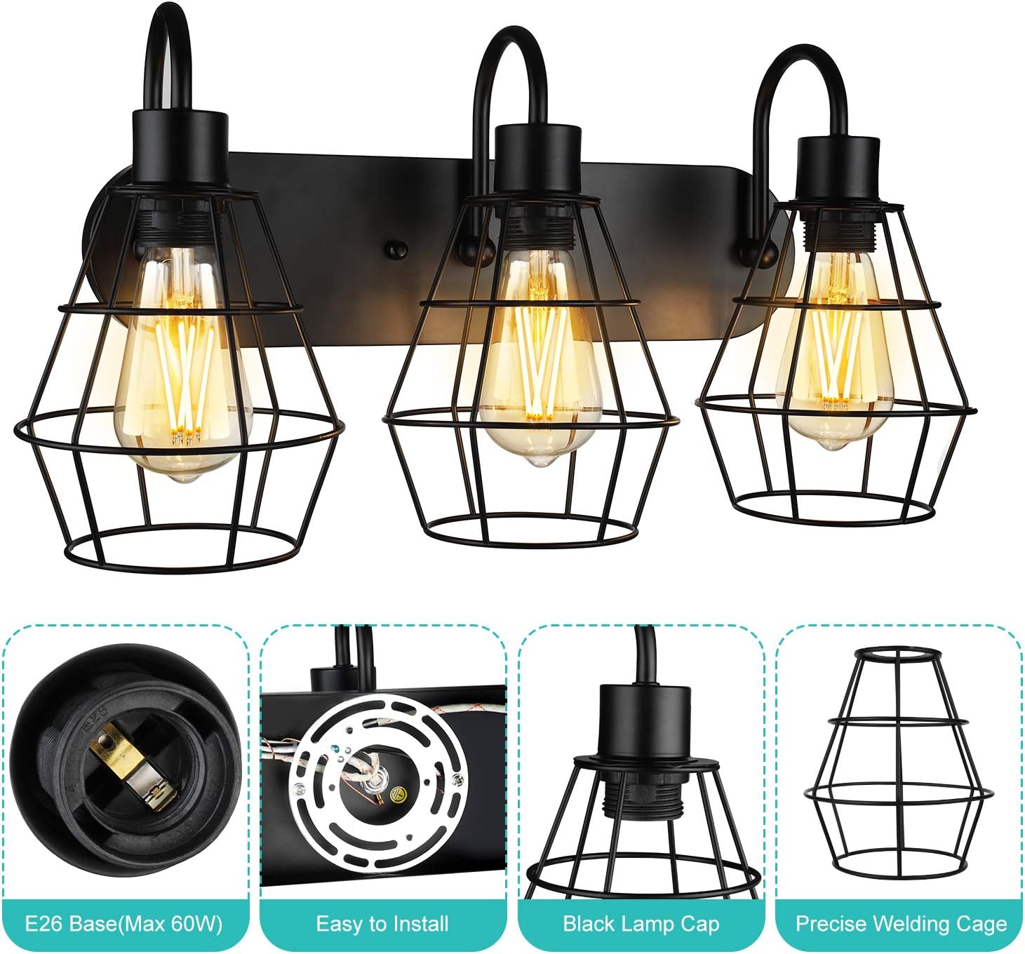 3-Light Industrial Bathroom Vanity Light,Vintage Metal Cage Wall Sconce,Rustic Farmhouse Wall Light Fixture,Porch Wall Lamps for Bedroom,Living Room,Mirror Cabinet,Kitchen(E26 Base, Bulb Not Included): Home Improvement