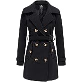 wantdo Women's Double Breasted Pea Coat Winter Mid-Long Trench Coat with Belt