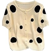 WDIRARA Women's Polka Dots Button Up Sweater Crew Neck Short Sleeve Lightweight Cardigan Knit Top