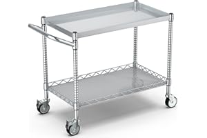 Leteuke 2 Tier Utility Tool Cart with Wheels, 900LBS Capacity Heavy Duty Rolling Utility Carts with Handle, Commercial Grade Metal Serving Storage Cart for Warehouse Garage Kitchen,Silver