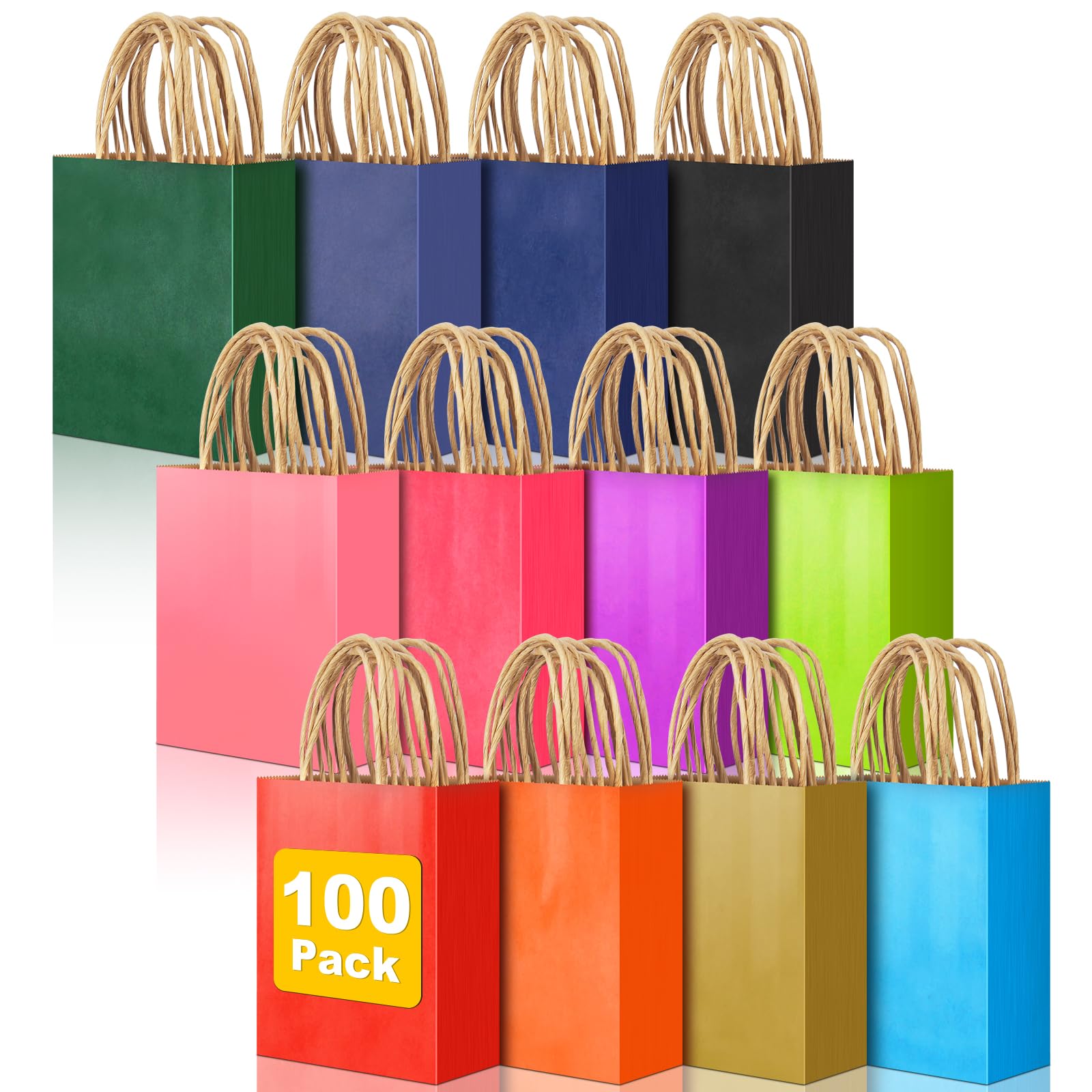 Photo 1 of 100 PCS Mini Gift Bags with Handles, 4.73"x2.36"x6.11" Party Favor Bags, 12 Colored Goodie Bags for Birthday Party, Kraft Paper Gift Bags Bulk for Wedding, Baby Shower, Celebrations, Party Supplies