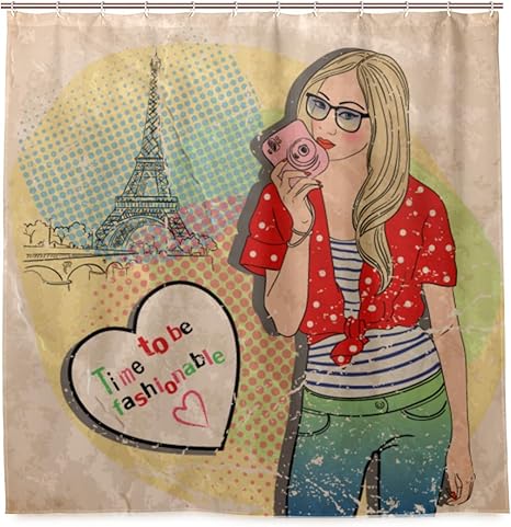 Amazon Nikivivi 防水シャワーカーテン かなり若い女の子パリベクトルイラスト 浴室 目隠し 間仕切り取付簡単 カーテンリング付属 おしゃれ バスカーテン 180ｘ180cm シャワーカーテン ホーム キッチン オンライン通販
