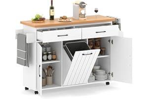 SILKYDRY Rolling Kitchen Island with Trash Can Storage, 47.5" Kitchen Island on Wheels with Adjustable Shelves, 2 Drawers, Sp