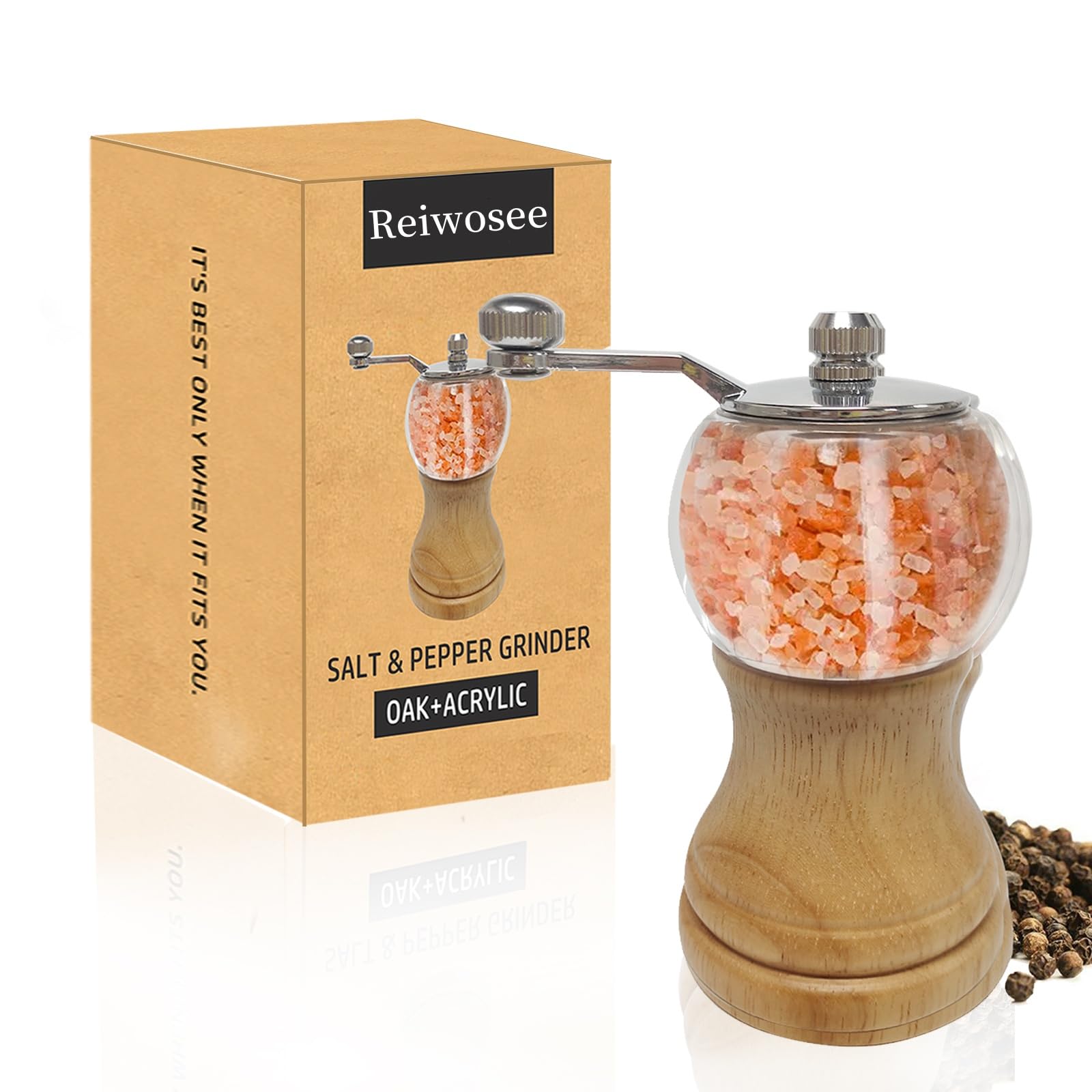 Pepper Grinder Kit Pepper Mill, Manual Mills Solid Wood, 1PCS 5in Classical Hand Salt and Pepper Grinder Set, Ep Material Acrylic, Ceramic Blades with Strong Adjustable Ceramic Grinders Set.