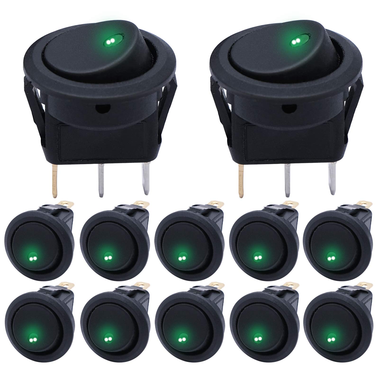mxuteuk 12pcs 12V Rocker switches，SPST Green LED Illuminated Round Dot Rocker Toggle Switch On/Off 20A 12V DC Press Button Round Rocker Switch For Car Or Truck Boat KCD2-102N-G