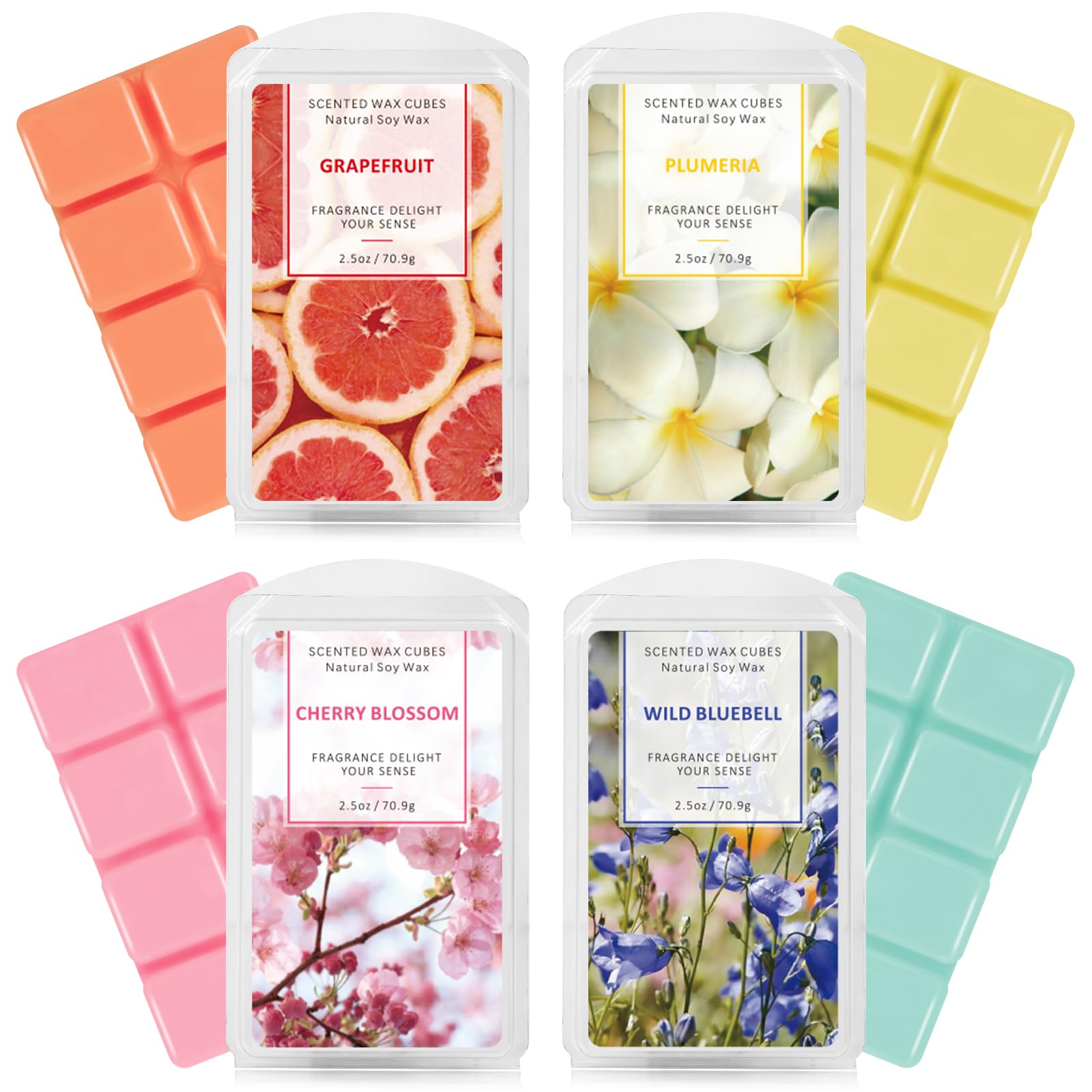 SCENTORINI Wax Melts, Wax Cubes Wax Tarts, Scented Soy Wax for Wax Melts Warmer, Grapefruit, Cherry Blossoms, Wild Bluebell, Plumeria, 4x2.5 oz