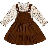 Happy Town Toddler Girl Clothes Long Sleeve Fall Outfits Ruffle Ribbed Floral Tops Overall Dress Set with Pocket