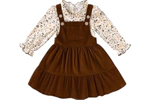 Happy Town Toddler Girl Clothes Long Sleeve Fall Outfits Ruffle Ribbed Floral Tops Overall Dress Set with Pocket