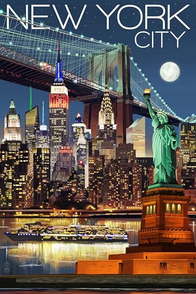 Amazon Com New York Skyline At Night 9x12 Art Print Wall Decor Travel Poster Posters Prints