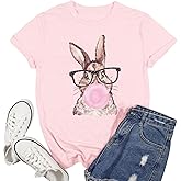 Ascrazy Happy Easter Shirts for Women Bunny with Leopard Glasses T-Shirt Floral Rabbit Tee Tops