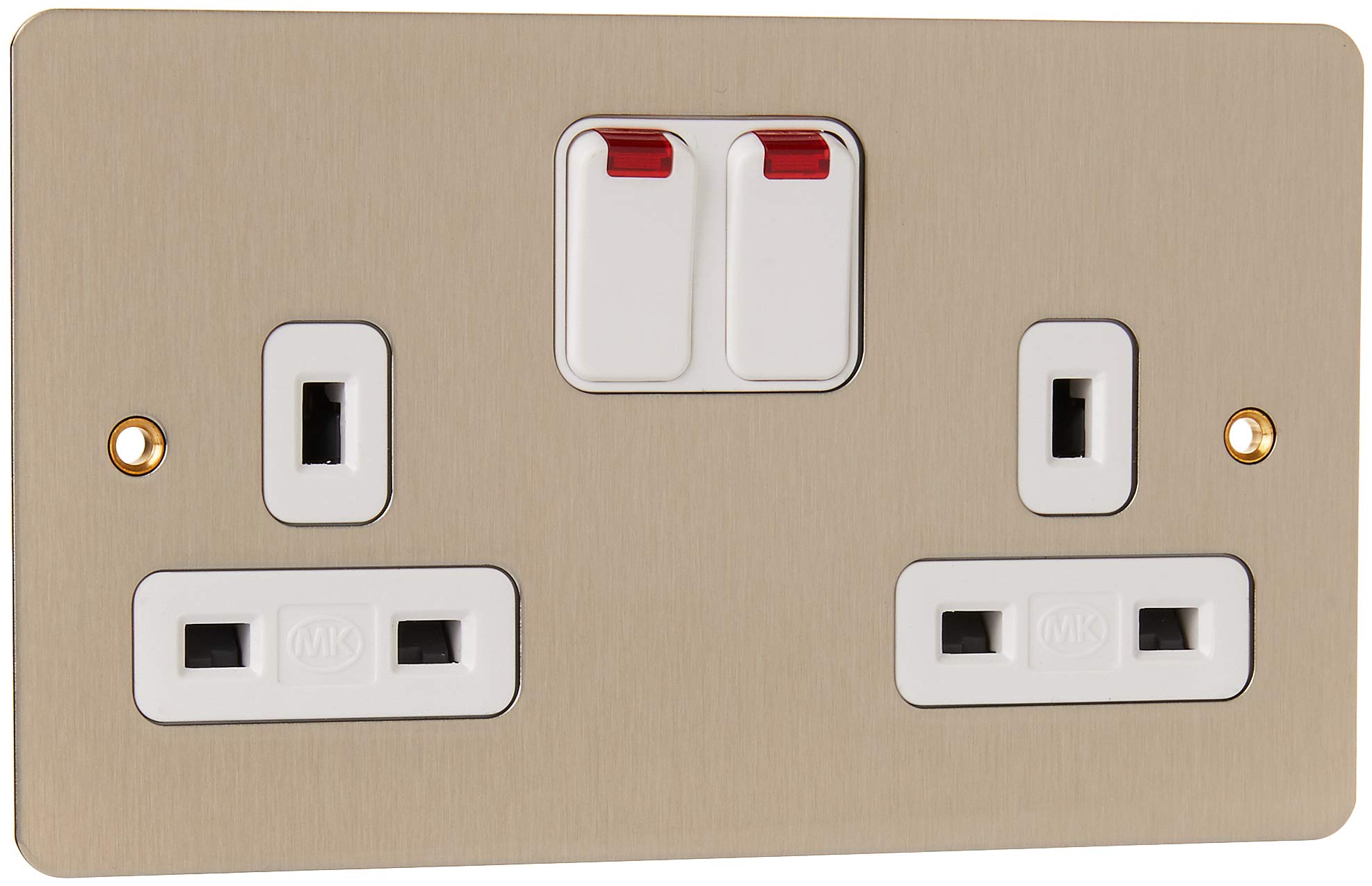 MK Edge K14647LBSW 13A Double Switched Socket with Neon/Double Pole/Dual Earth Lacquered - Brushed Steel