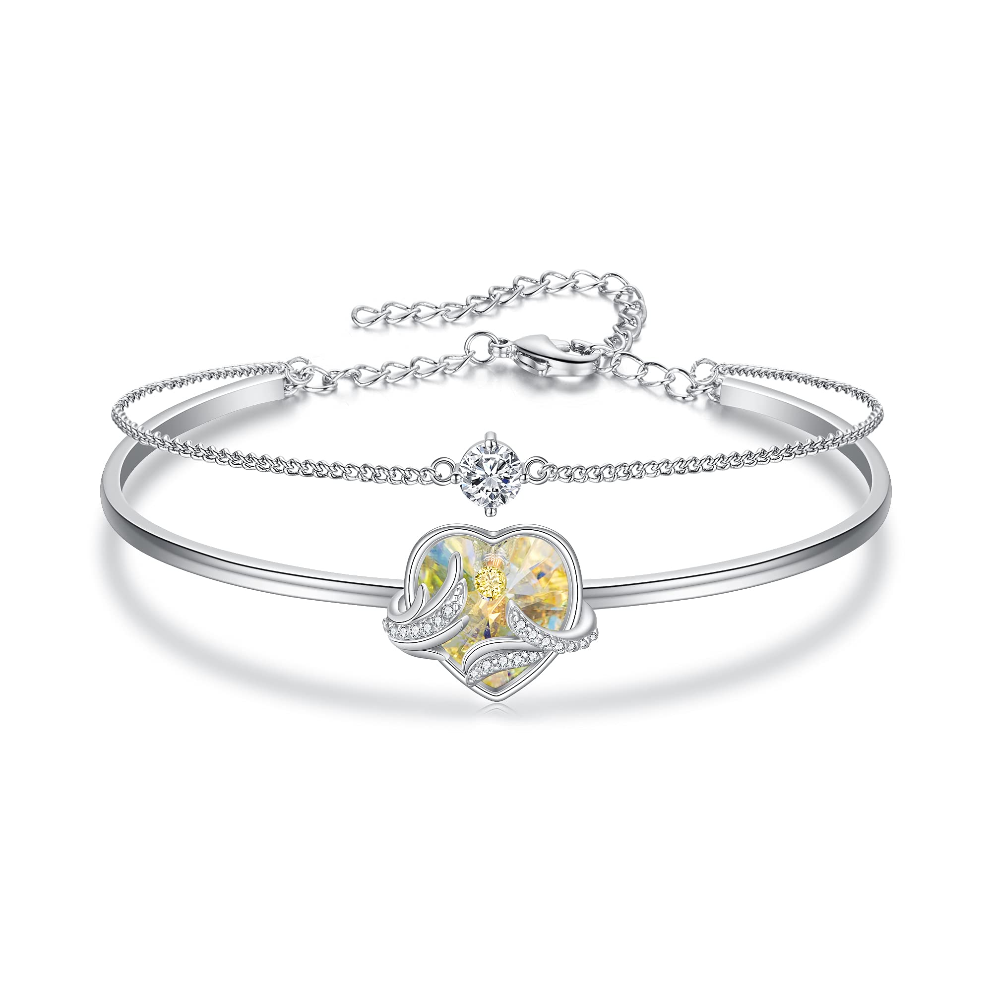 Clearine Women's Love Heart Charm Bracelet Austrian Crystal Angel Wing Cubic Zirconia Tennis Bracelet Jewellery Gift Iridescent AB Clear Silver-Tone