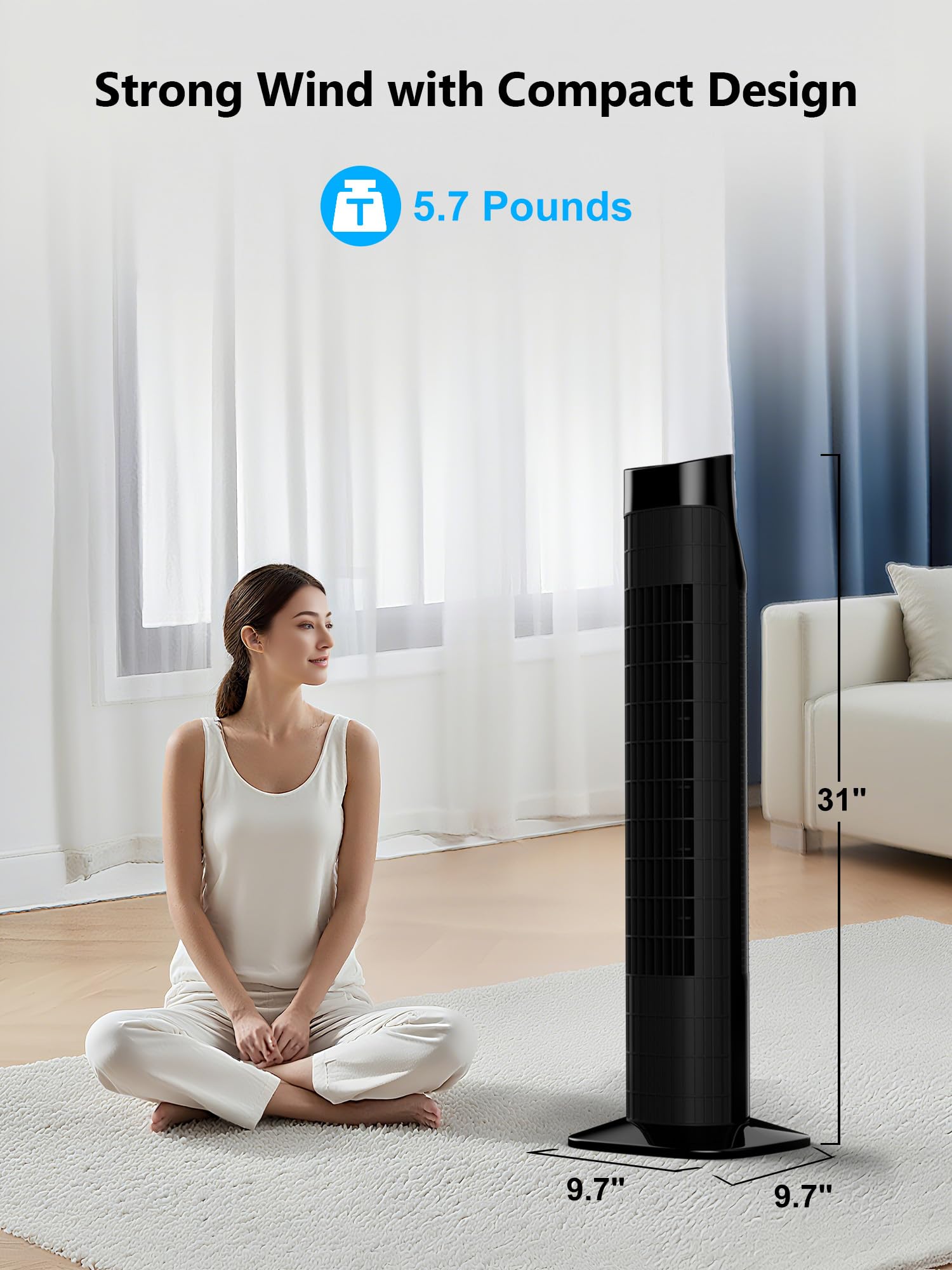 Uthfy 31 Inch Tower Fan for Bedroom, 120° Oscillating Quiet Standing Bladeless Fan With Remote, 7.5H Timer, 3 Speeds, 3 Modes, for Room, Dorm, Office, Black