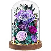 Valentine's Day Flower Gifts for Her - Forever Fresh Flowers Bouquet for Delivery, Preserved Purple Rose in Glass Dome with Light as Birthday Gifts for Women, Mom, Grandma, Friend, Wife, Girlfriend