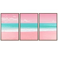 SIGNWIN 3 Piece Framed Canvas Wall Art Pink Seascape Canvas Prints Home Artwork Decoration for Living Room,Bedroom - 16