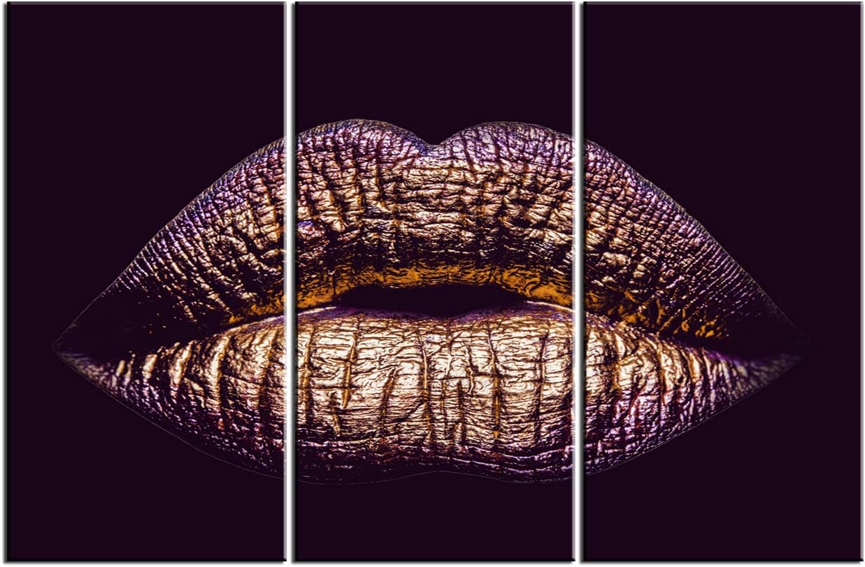 Sexy Woman Gold Lips Wall Decor Canvas Prints Makeup Purple Lip Art Pictures Posters Framed Living Room Bedroom Beauty Salon Bathroom Home Decoration Ready to Hang(48''Wx32''H)