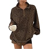 SOLY HUX Women's Leopard Sweatshirt Half Zip Collar Drop Shoulder Long Sleeve Cheetah Print Oversized Pullover Tops