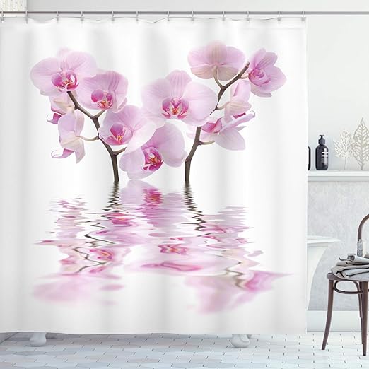 Amazon Com Ambesonne Nature Shower Curtain Wild Orchids With Mirroring Features In Water Aromatic Bouquet Floral Plant Concept Cloth Fabric Bathroom Decor Set With Hooks 75 Long White Pink Home Kitchen