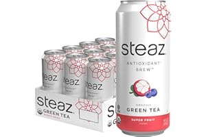 Steaz - Organic Green Tea - Superfruit (12 Pack) - Antioxidant Brew - 65mg Natural Caffeine, 90 Calories, Vitamin C - Cane Sugar Sweetened Iced Tea - Vegan, Fair Trade - 12 Cans, 16 fl oz (473mL)