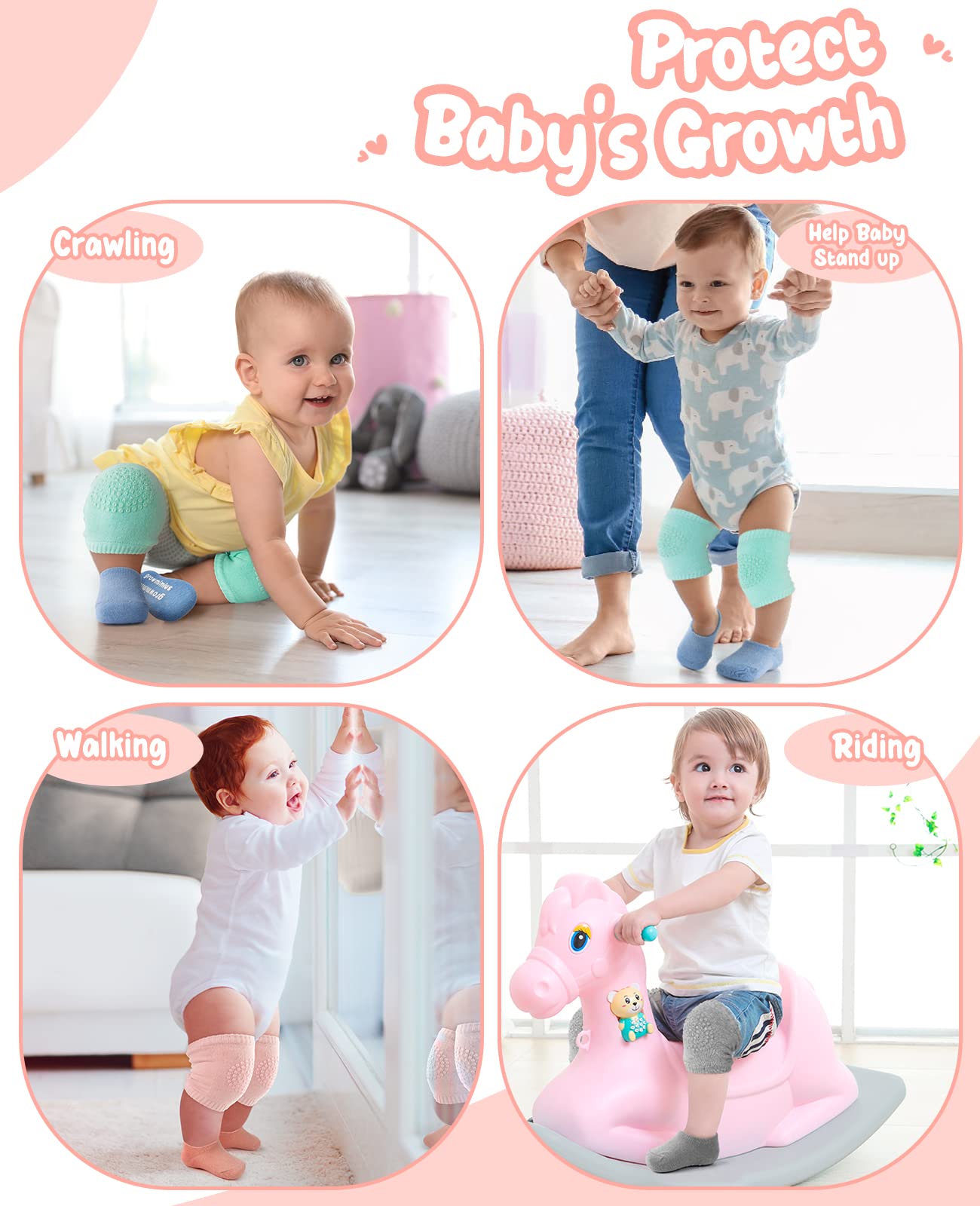 BOSONER Baby Crawling Anti-Slip Knee and Socks for Boys And Girls Best Infant Gift, Unisex Baby Toddlers Kneepads (Blue Pink Grey) 6-24 Months