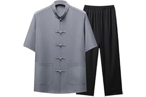 Cambkatl Men's Mandarin Collar Kung Fu Uniform Chinese Traditional Tang Suit Short Sleeve Tai Chi Shirts 2 Piece Outfits