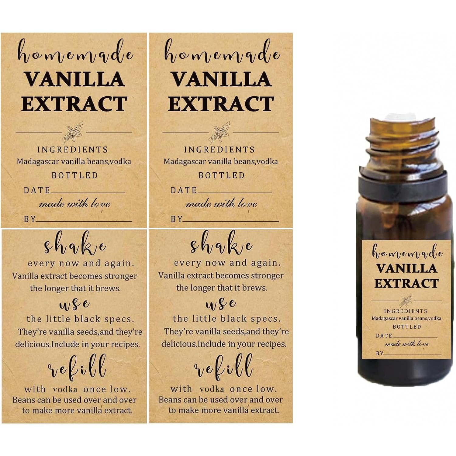48 Pack Kraft Homemade Vanilla Extract Stickers 1.5×2 inch Square Vanilla Instruction Labels Madagascar Vanilla Beans and Vodka Extract Stickers for Handcrafted Vanilla Bottles,Jar Kitchen Pantry