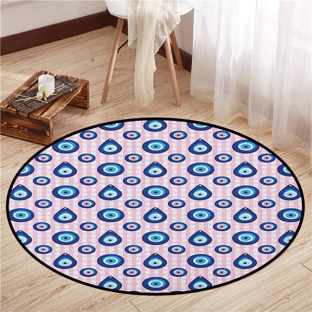 Living Room Round Rugs,Evil Eye,Protective Turkish Bead Figures in Different Shapes Checkered Backdrop,Ideal Gift for Children,5'3" Pale Pink Blue White
