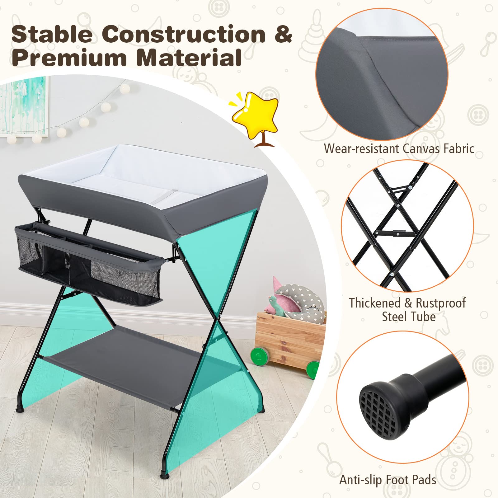 Costzon Changing Table, Portable Baby Changing Table Foldable Diaper Changing Station with Safety Belt, Large Storage Rack & Shelf, Nursery Organizer for Newborn Infant (Dark Gray)