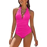 AI'MAGE Women's One Piece Swimsuit Tummy Control Halter Ruched Deep V Neck Bathing Suits