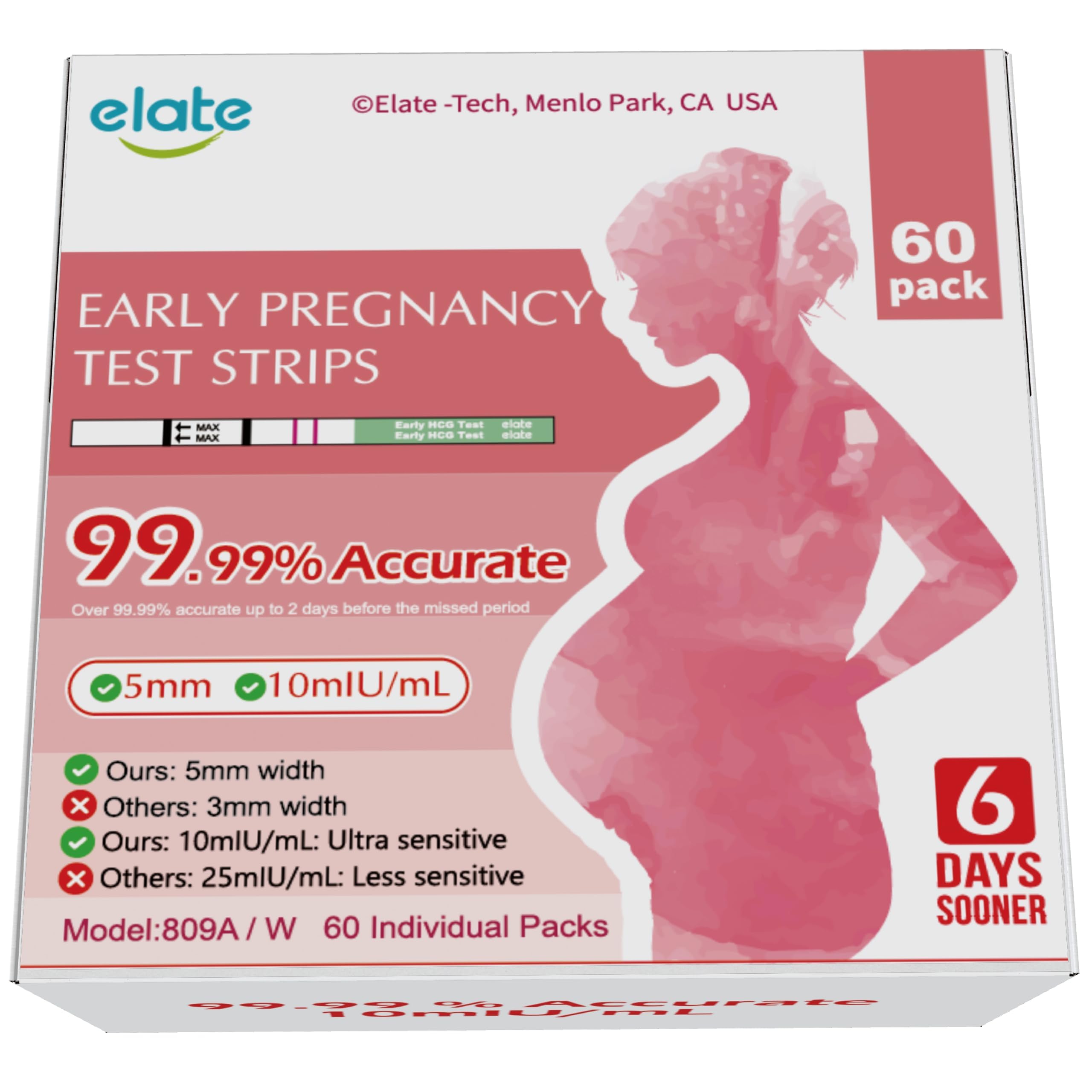 Photo 1 of Elate HCG Early Detection Pregnancy Test Strips, 60 Pack | 6-Days Sooner, 99.99% Accurate, Ultra-Sensitive 10 MIU/mL, Early Result ept, Mom 2-Sec Easy at Home, Clinic or Travel Use, FDA-Cleared, 5mm