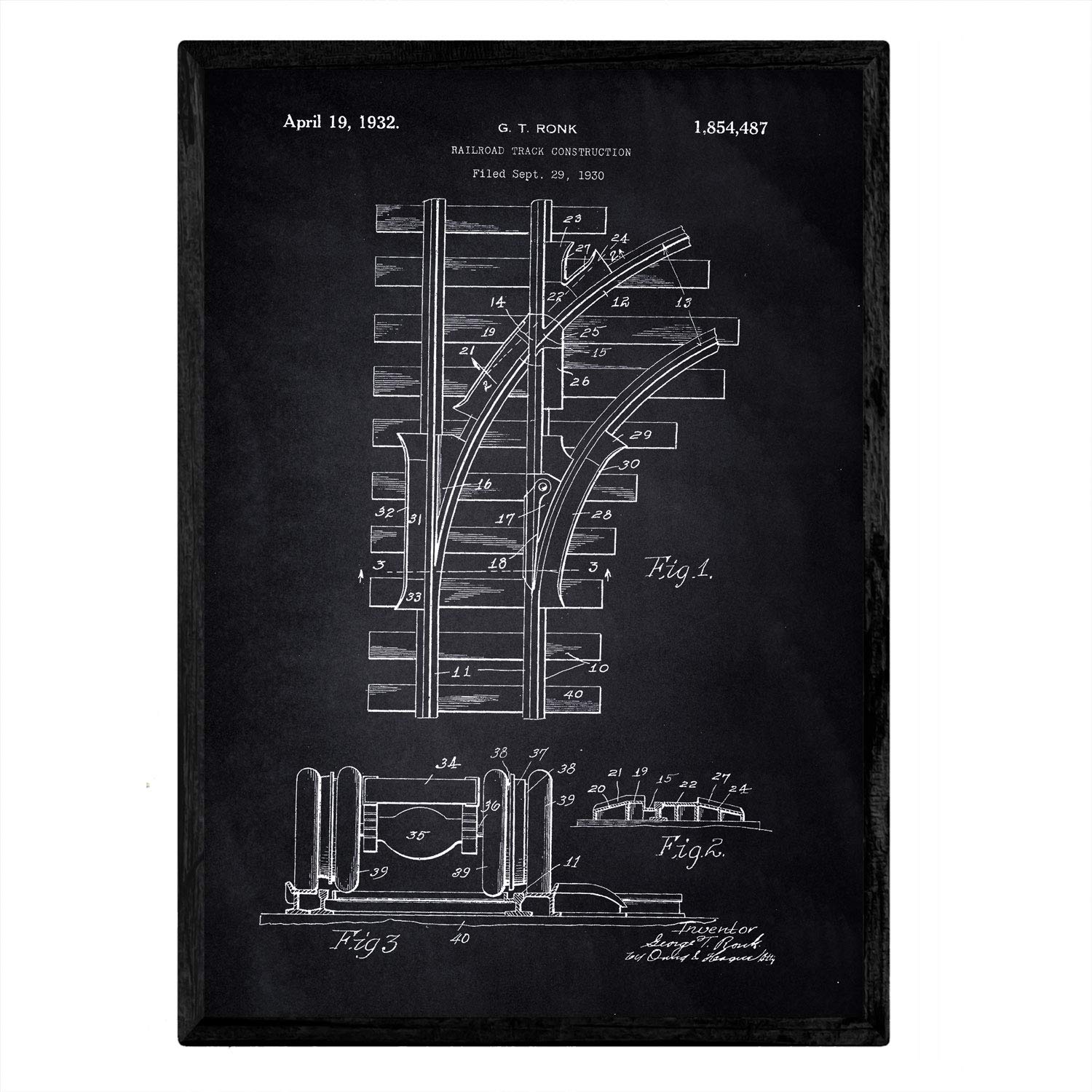 Nacnic Poster patent Via train. Sheet with old design patent A3 size with black background