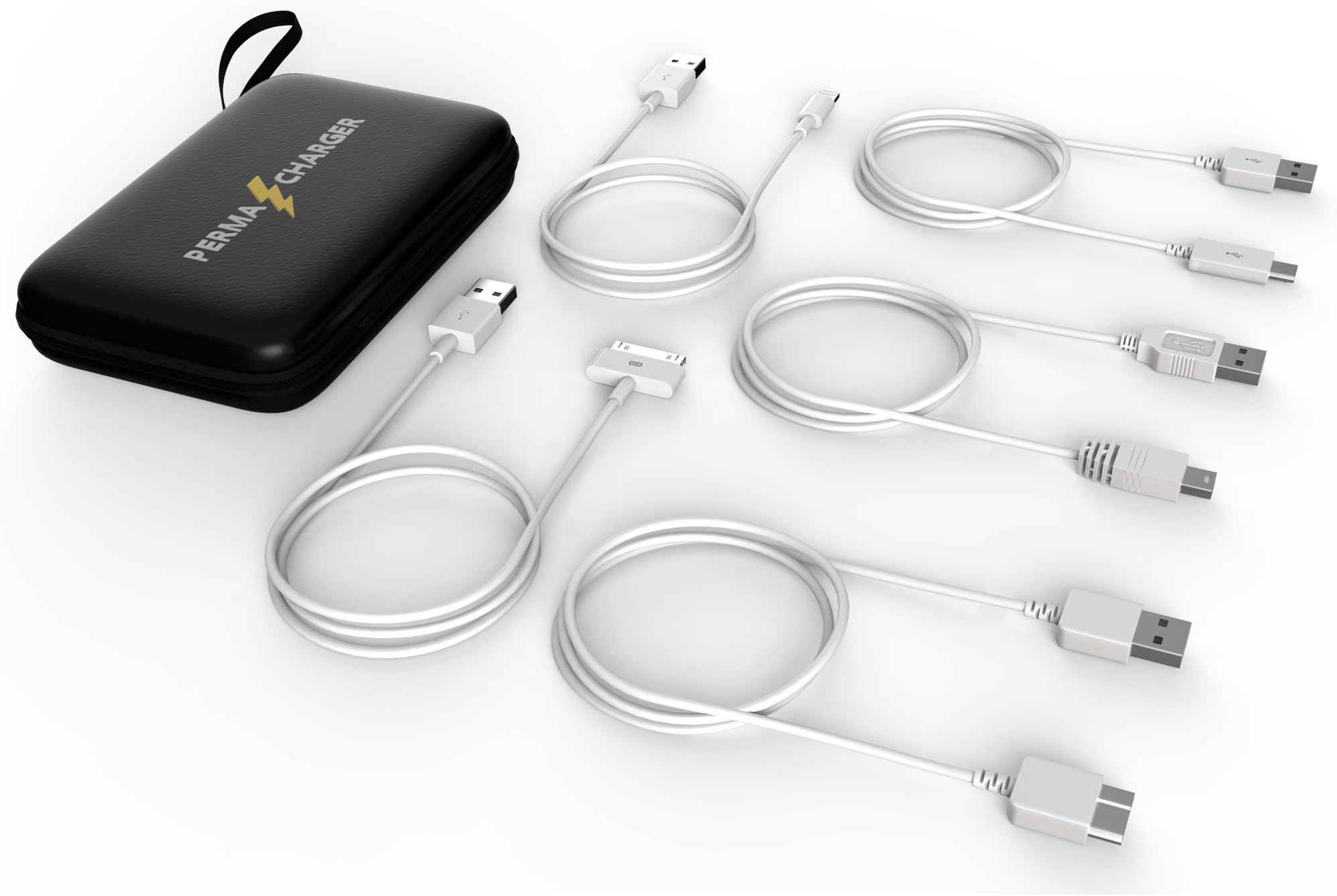 PermaCharger 5-Pack Multiple USB Adapter Charging Cables w/Data Syncing, Free Travel Case Stores Five Cords for Samsung/iPhone 4/5/6/Androids&More. Includes Risk Free Extended Warranty!