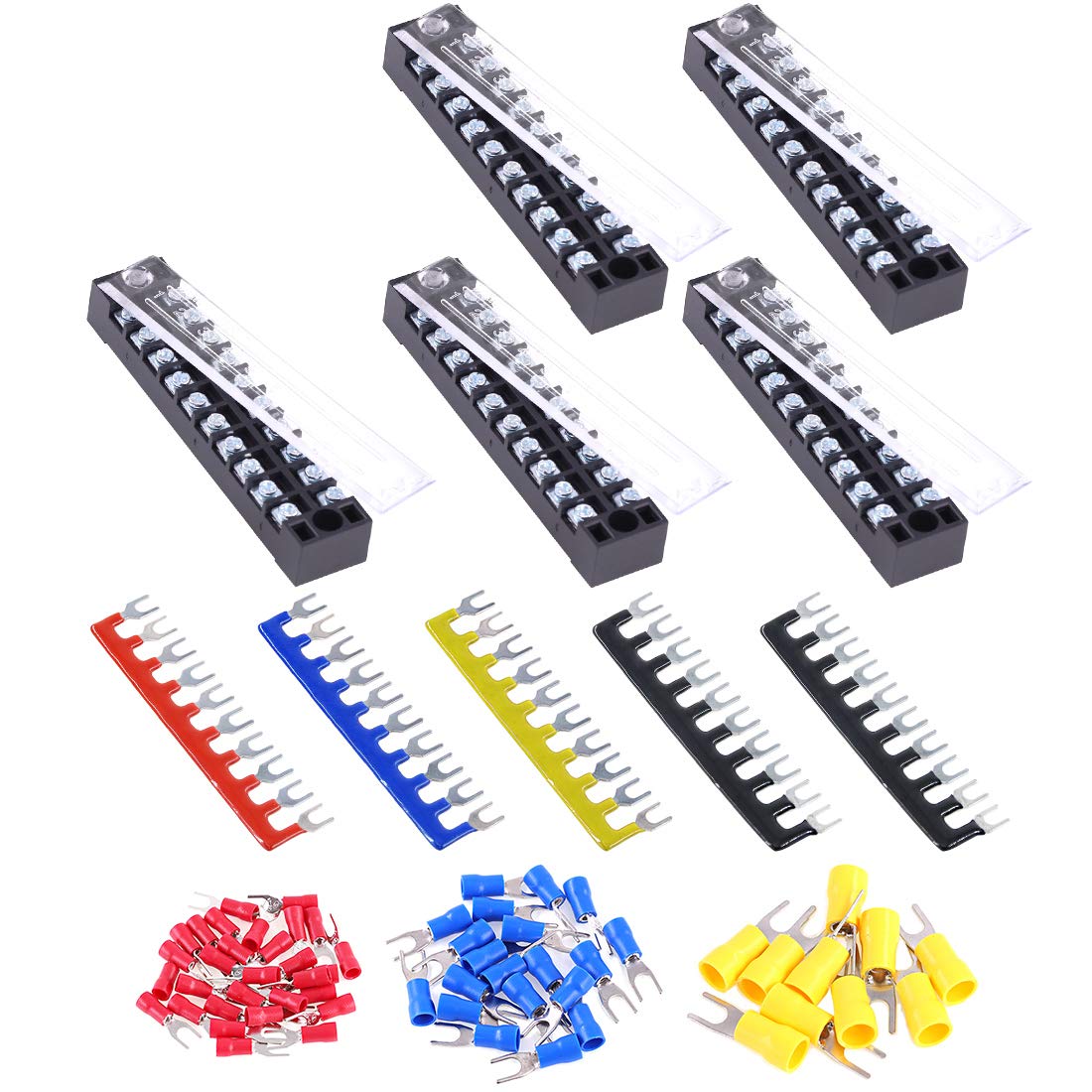 Glarks 70Pcs(5Sets) Terminal Block Set, 5Pcs 10 Positions 600V 15A Dual Row Screw Terminals Strip + 5Pcs Pre-Insulated Barrier Strips + 60Pcs Insulated Fork Wire Connector (10P+Fork Connector)