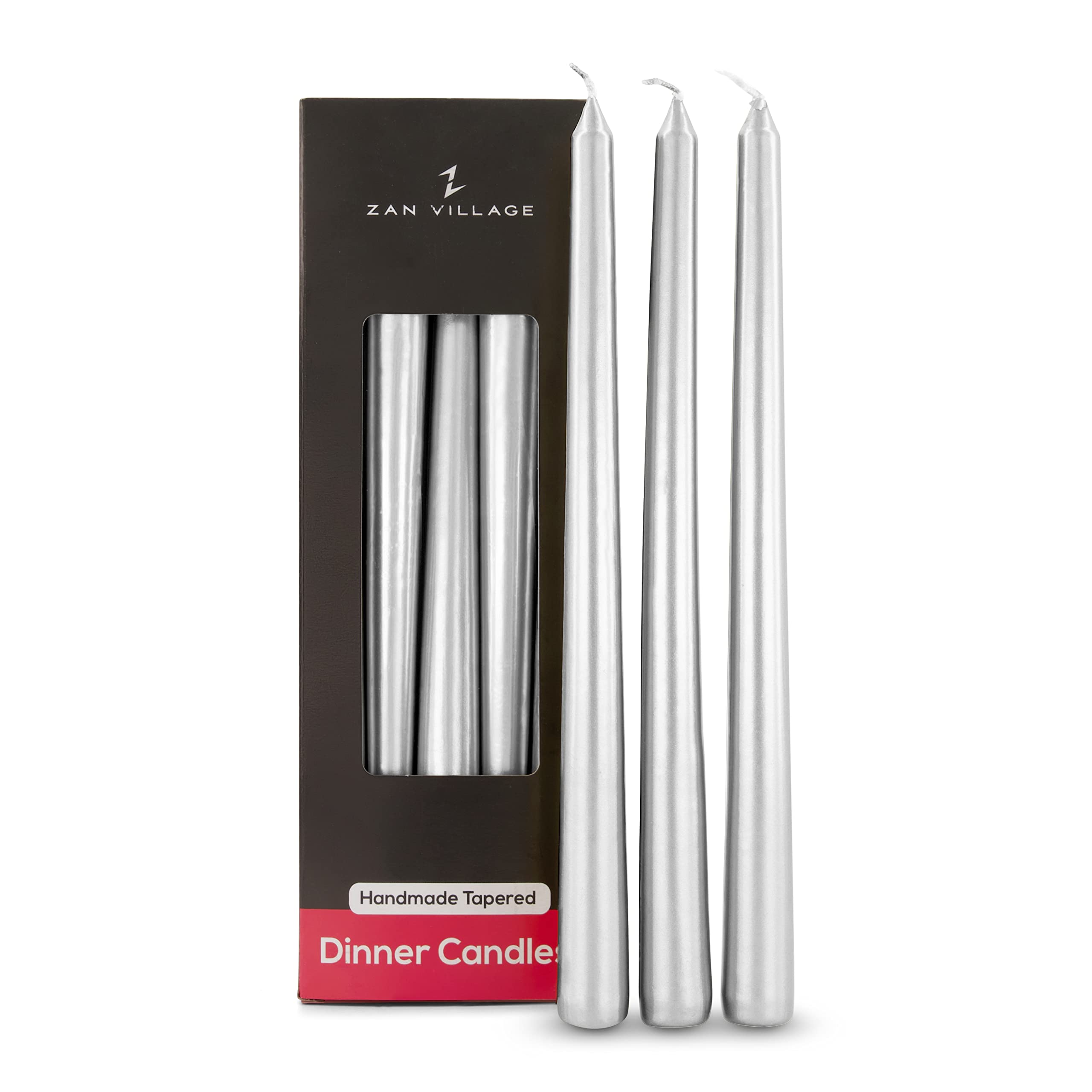 Zan Village Candle Company Taper Dinner Candles, 10 Pack, Long-Lasting 7-Hour Burn Time, Classic Long Venetian Style, Unscented, Dripless Candling, Made in the UK - Silver