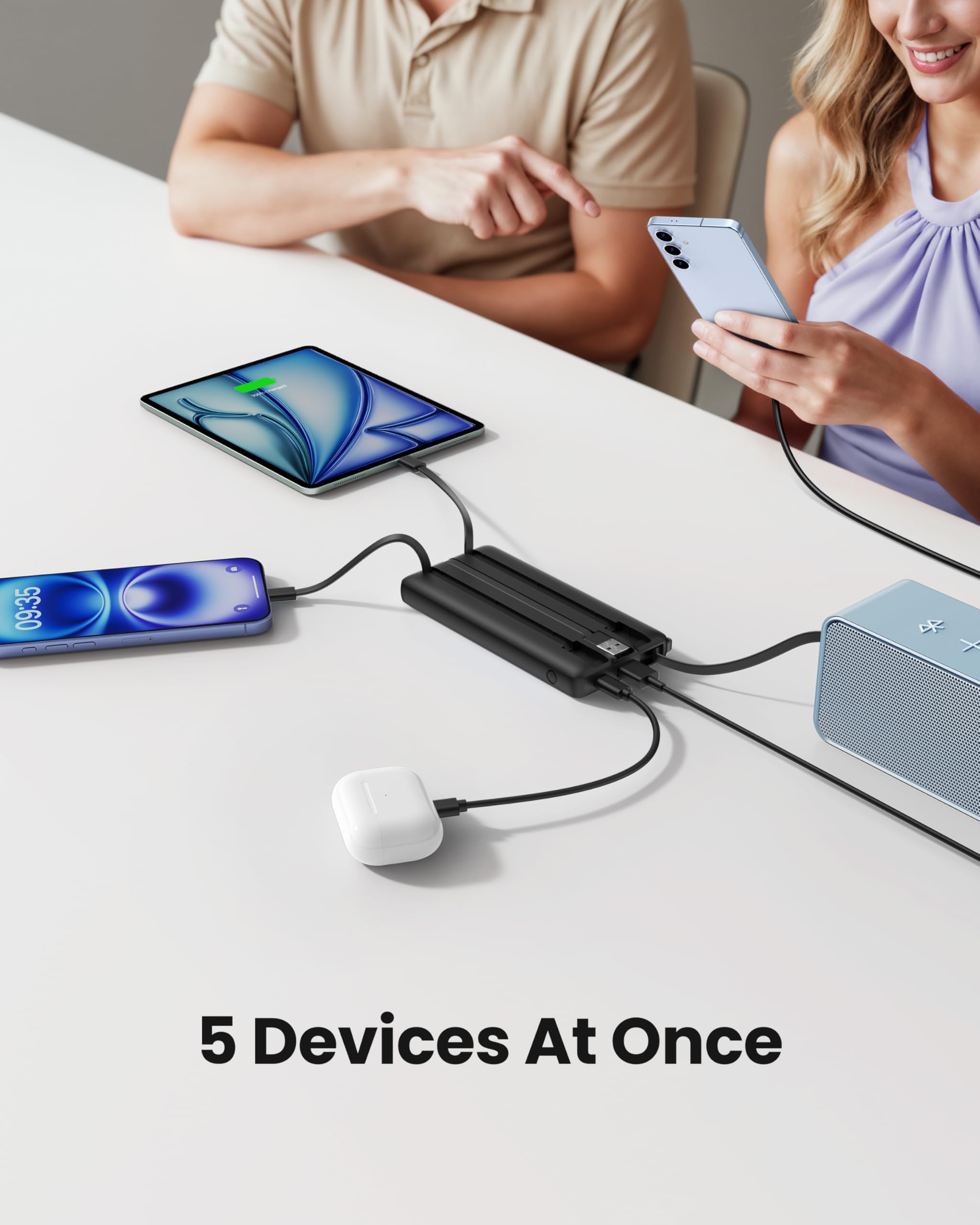 Coowisty Power Bank mit Ladekabel, 10000mAh Tragbares Ladegerät USB C, 5 Ausgänge 2 Eingänge LED Display Externe Akkupack für Handys,Kompatibel mit iPhone, Samsung, Huawei und mehr (Schwarz) 4