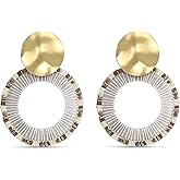 Boho Beaded Circle Earrings for Women Lightweight Statement Dangle Earrings Drop with Hammered Gold Disc Colorful Hoop Trendy Boho Jewelry Gift