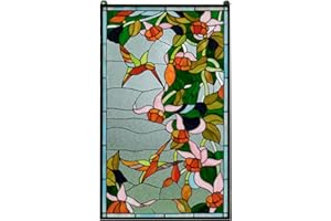TMI ART PANEL 20.5" x 34.75" Large Handcrafted Hanging Stained Glass Window Panel Hummingbirds & Flower