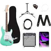 Fender Squier Debut Stratocaster Beginner Electric Guitar Kit Seafoam Green | Complete starter pack with Frontman 10G amp, padded gig bag, strap, free lessons, 2-year warranty included
