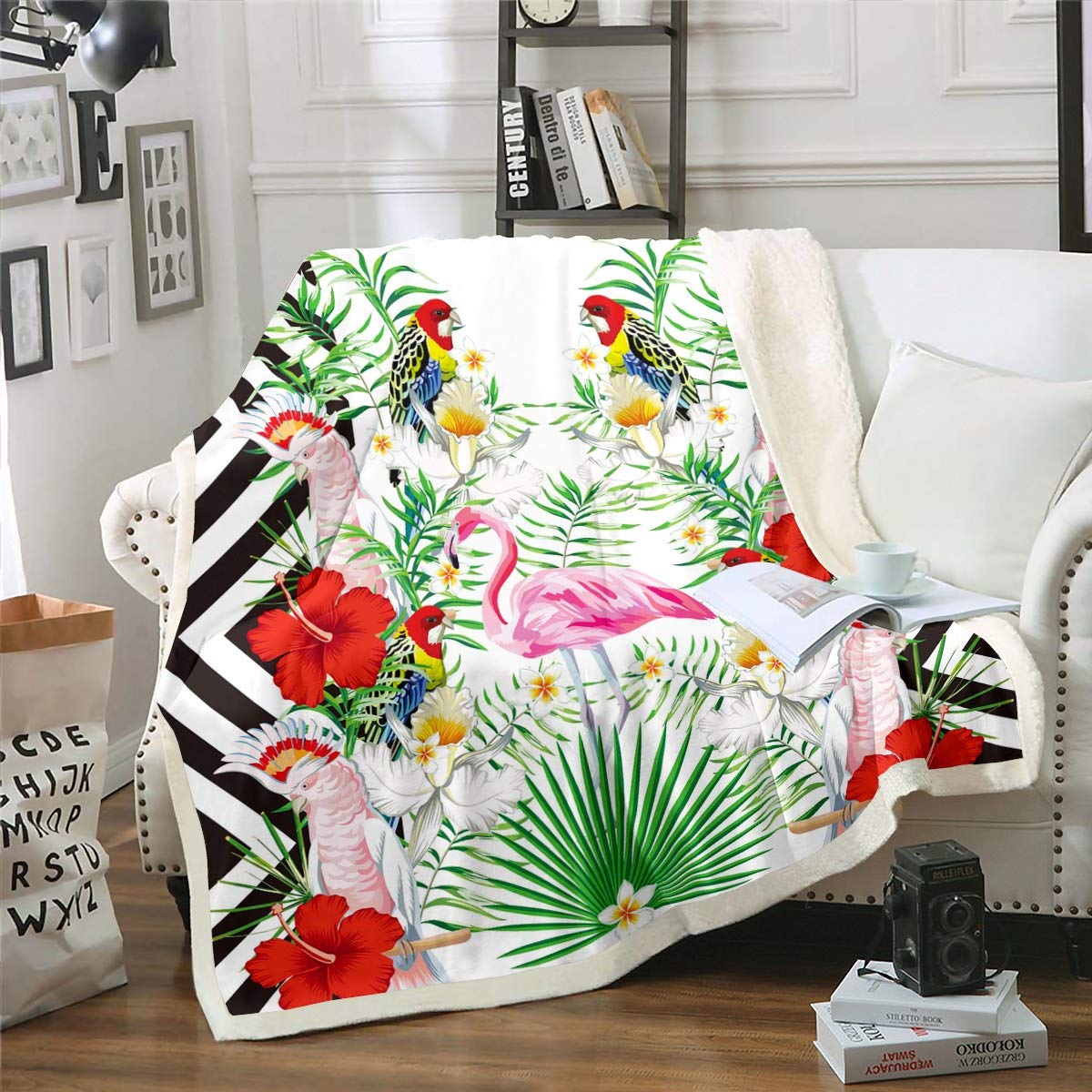 Flamingo Sherpa Throw Blanket Tropical Parror Bird Fleece Blanket Green Palm Leaf Floral Plush Blanket for Bed Sofa Couch Black White Wave Stripe Fuzzy Blanket Room Decor Single 50"x60"
