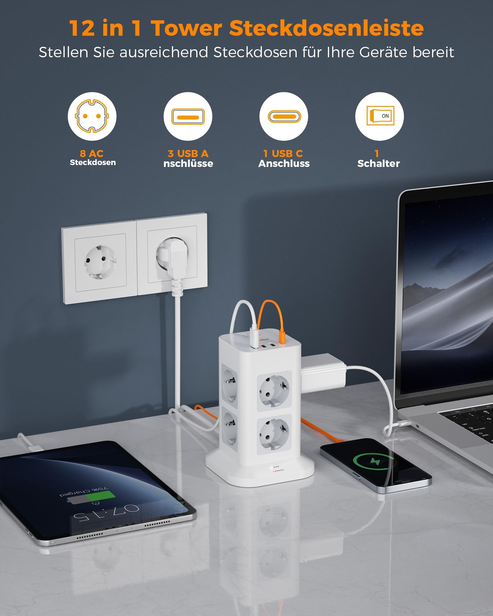 TESSAN 8 Fach Mehrfachsteckdose mit USB C, Verlängerungskabel 5M mit 4 USB und Steckdosenleiste Überspannungsschutz, 3600W Steckdosenturm mit Schalter, Steckdosenwürfel für Büro, Grau 2