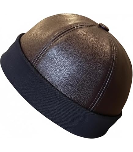 Men Genuine Leather Skullcap, Sailor Cap Hat,Rolled Cuff Vintage