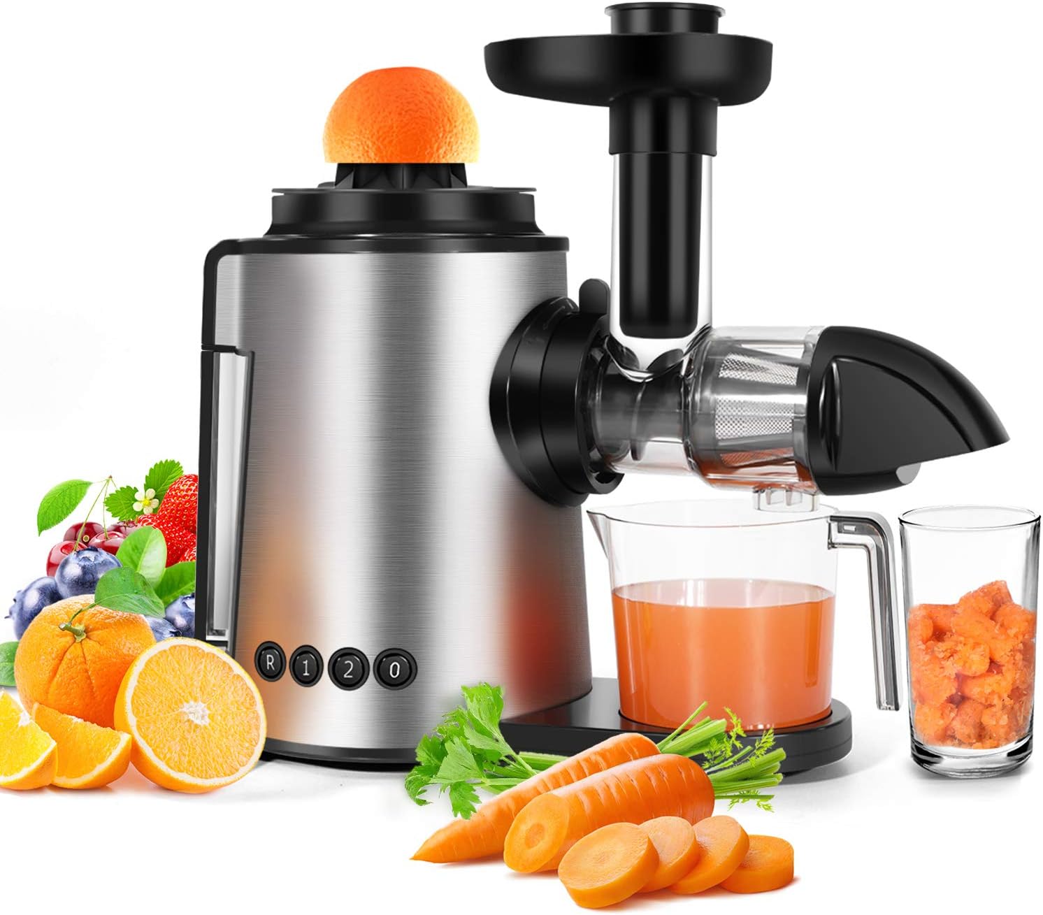 Masticating Juicer, Sagnart Slow Juicer Machine 2 in 1 Citrus Juicer Antioxidant Cold Press Juicer, Mute and Reverse Function Juicer Extractor for Fruits and Vegetables with Juice Cup & Brush