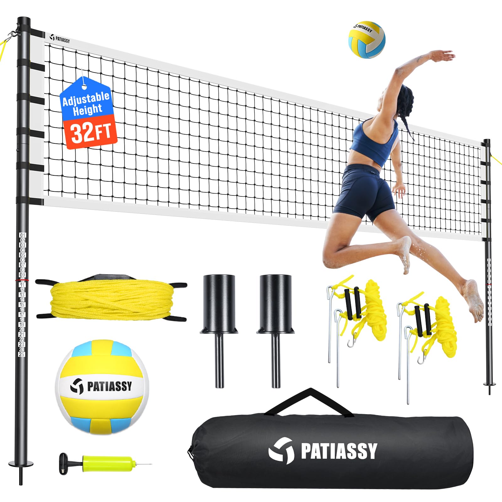 Outdoor Volleyball Net Set for Backyard & Beach, 32FT Regulation Size, Easy Setup Adjustable Height Poles, Portable Net System with PU Volleyball, Pump & Carry Bag Image