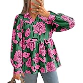 Tankaneo Womens Floral Print Babydoll Blouse Long Lantern Sleeve Peplum Tops Casual V Neck Flowy Boho Shirts