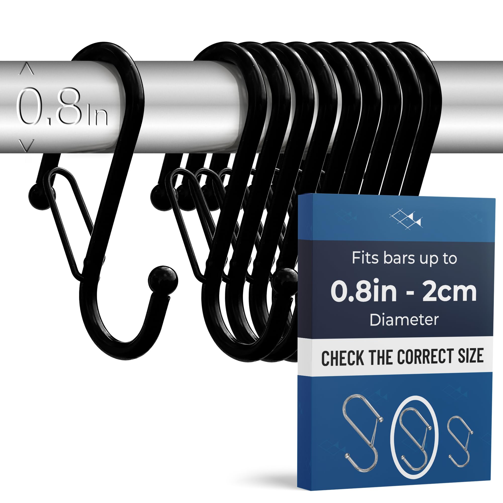 Blau Marité 10 Pack S Hooks for Hanging for Bars up to 0.8 Inch (2 cm) Diameter - Anti-Drop Hooks with Safety Lock – Heavy-Duty for Kitchen, Bathroom & Closet – Black (Medium)
