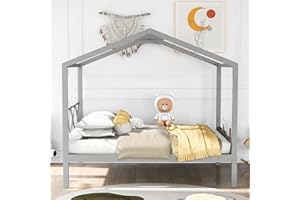 Harper & Bright Designs Full Size House Bed for Kids, Full House Bed Frame with Headboard and Storage Space, Wooden Kids House Bed Full for Girls, Boys,No Box Spring Needed,Grey